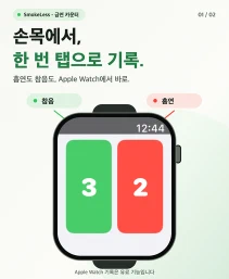 Smokeless의 Apple Watch 스크린샷. 왼쪽 초록색 버튼에 오늘 참은 횟수 3회, 오른쪽 빨간색 버튼에 흡연 2회 표시