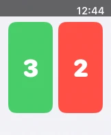 Smokeless on Apple Watch: the green left button shows 3 avoided cigarettes and the red right button shows 2 smoked cigarettes today