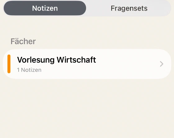 Notizen, Fragensets und Fachliste auf der Startseite